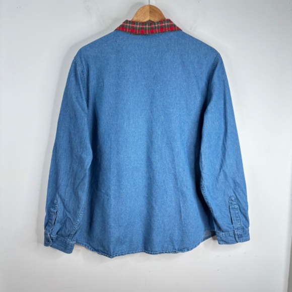 VTG Embroidered Christmas Denim Button Down XL Plaid Collar 90s Holiday Granny - Picture 5 of 10